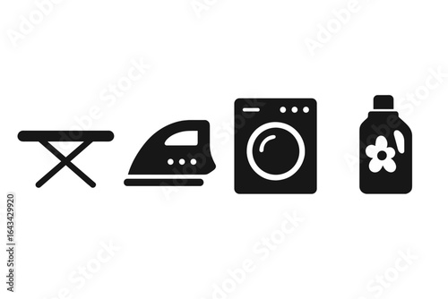 Laundry Care Essential Icons Set. Black Flat Vector Symbol Collection. Ironing Board, Iron, Washing Machine, Detergent Bottle. Household Chores, Fabric Care, Cleaning Equipment, Home Appliance.
