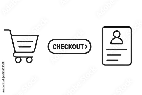 E-commerce checkout process icons set. Shopping cart, checkout button, billing address form. Online retail, purchase flow, payment step, user profile. Editable outline vector illustration.