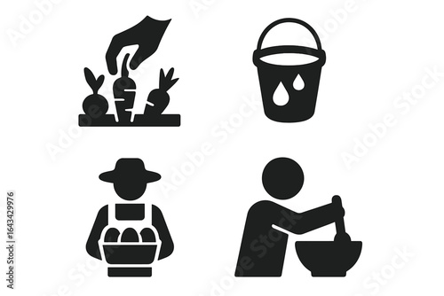 Farm-to-Table Icons Set with Solid Filled Style, Illustrating Vegetable Plucking, Water Carrying in Bucket, Egg Transporting, and Stirring Actions, Vector Illustration on Transparent Background