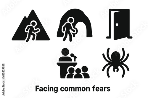 Facing common fears concept with solid filled icons including mountain climbing, dark cave exploration, open door challenge, spider fear, public speaking anxiety, vector set illustration
