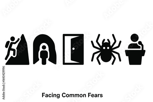 Facing Common Fears Icon Set, Solid Filled Vector Illustrations of Overcoming Challenges Like Mountain Climbing, Dark Cave Exploration, Open Door, Spider Fear, and Public Speaking Anxiety