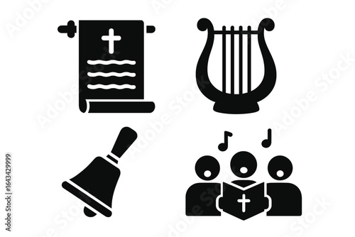 Early Christian Hymn Icons Set. Black Silhouette Religious Symbols Collection. Ancient Scroll, Lyre, Hand Bell, Choir Singing. Sacred Music and Liturgy Elements. Vector Isolated Illustrations.