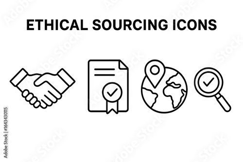 Ethical sourcing icons set. Outline vector symbols of handshake agreement, certified supplier document, global origin map, and quality inspection magnifying glass. Transparency background.