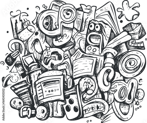 Black and white abstract doodle sketch featuring chaotic playful shapes and cartoonish characters in a random pattern