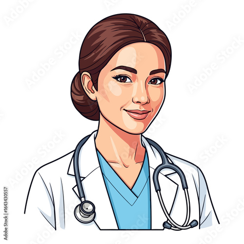 Vector art of portrait of a smiling female doctor with a stethoscope, isolated on white background