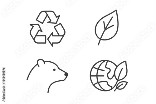 Eco icon outline set for environment and ecology. Vector symbols of sustainability, recycling logo, green leaf, endangered animal, and planet earth. Conservation concept.
