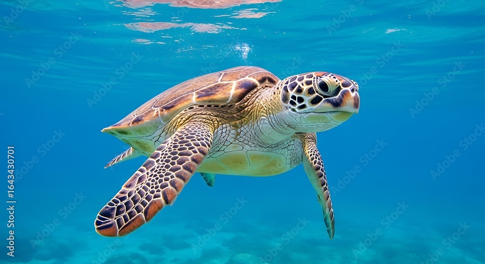 Fototapeta premium Sea Turtle's Graceful Swim in Clear Ocean Waters