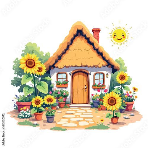 Vsai small thatched cottage with sunflowers blooming under smiling sun
