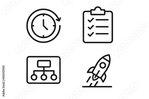 Project management icon set in line style, including time management, planning, startup, business organization, productivity, workflow, digital tools, app interface design, mobile and web icons