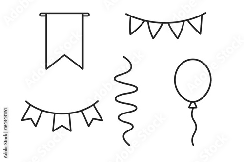 Decorative party celebration street banner icons set. Outline flag, pennant string, bunting, streamer swirl and balloon vector illustration. Event decorations, birthday elements, festive decor.