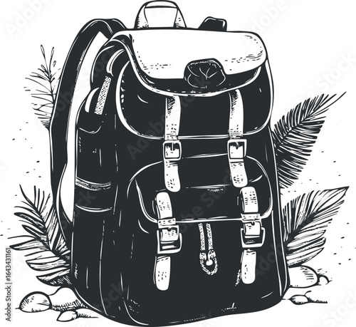 Black and white illustration of a backpack with buckles and straps surrounded by leaves and stones, suitable for outdoor travel or hiking