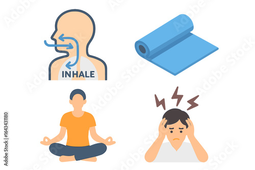 Isometric Stress Management Icons Set, Flat Vector Illustration of Stress Relief Techniques Including Breathing Exercises, Yoga Mat, Relaxation Methods, Mental Health Symbols