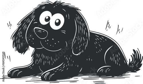 Cartoon illustration of a cute black dog lying down with a happy and playful expression