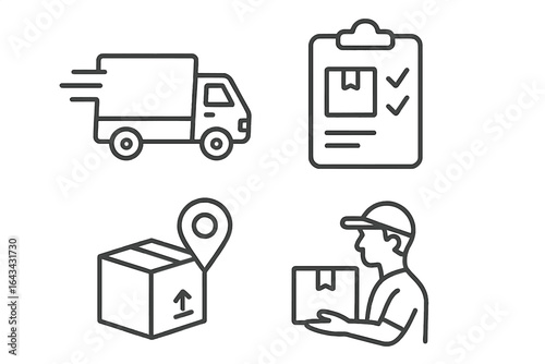 Logistics delivery and shipment set. Delivery truck, parcel tracking, courier and package location, checklist. Vector icons. Line style. Transparent background. Fast shipping, supply chain.