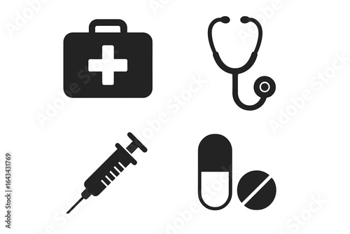Set of 4 Medical Icons Vector Illustration with First Aid Kit, Stethoscope, Syringe, and Pills on Transparent Background for Healthcare and Medicine Design
