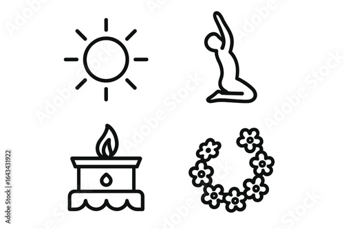 Yoga Sun Salutation icon set. Vector outline symbols for solar worship, asana pose, meditation altar with candle, and flower garland. Spiritual wellness concept.