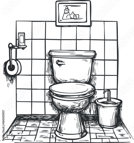 Black and white hand drawn illustration of a modern bathroom with toilet, tiled walls and floor, and a small sink