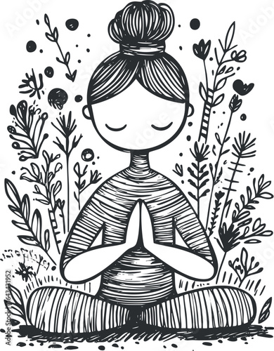 Black and white line art illustration of a woman meditating in lotus pose surrounded by plants