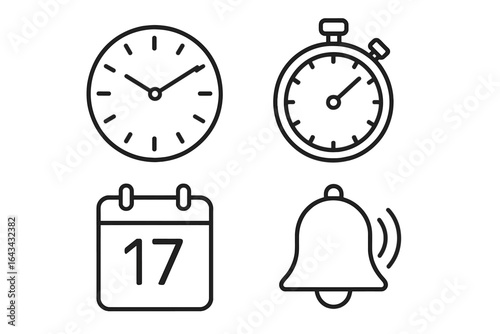 Outline Time Management Icons Set Including Clock Face, Stopwatch Timer, Calendar Date Marker, and Notification Reminder Bell Vector Illustration for Productivity and Scheduling