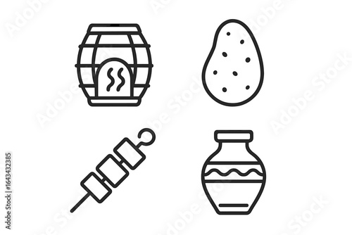 Tandoori cooking outline icon set. Indian food symbols. Clay tandoor oven, naan bread, potato, skewer with kebab, and clay pot. Traditional Asian cuisine vector illustration.