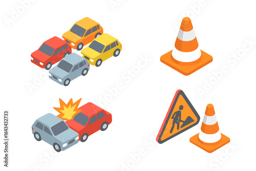 Isometric flat vector icons of traffic conditions, traffic jam, road accident, construction cones, roadworks signs, urban transport symbols, and safety markers on transparent background