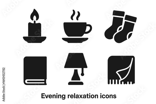 Cozy Evening Relaxation Vector Icons Set. Candle, Hot Drink Mug, Warm Socks, Book, Reading Lamp, Blanket. Calm Hygge Night Comfort Home Decor. Simple Solid Silhouette Illustration Transparent PNG.