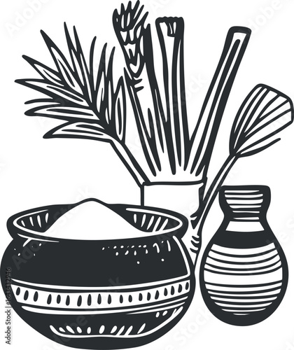 Black and white illustration of pottery vases with plants and decorative patterns in a traditional style