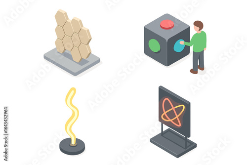 Isometric vector set of 3D printed art installations, modular honeycomb wall sculpture, interactive button cube, abstract neon light sculpture, glowing atom display, modern exhibition icons