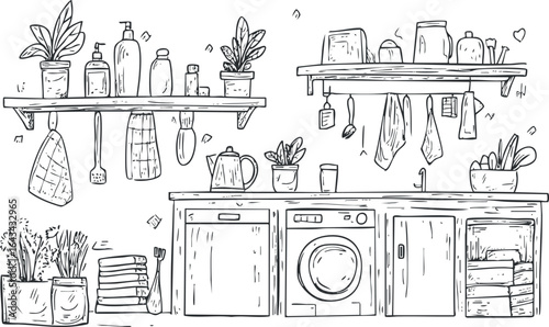 Black and white hand drawn sketch of a kitchen interior with shelves, plants, cleaning supplies, and laundry appliances