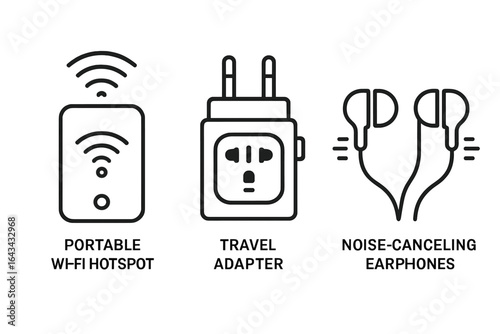 Travel Tech Icons Set. Outline Vector Illustrations of Portable Wi-Fi Hotspot, Travel Adapter Plug, Noise-Canceling Earphones for Global Connectivity and Comfort
