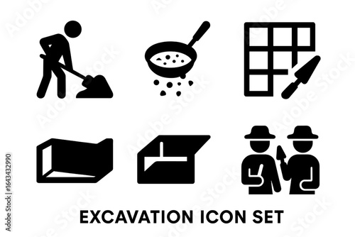 Excavation Process Icon Set. Solid filled vector icons for archeology and construction. Digging, sifting soil, site grid, trench, archaeological team, fieldwork tools, dig site illustration.