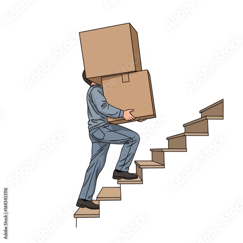 Vector art of man carrying two large cardboard boxes up a set of stairs, isolated on white background