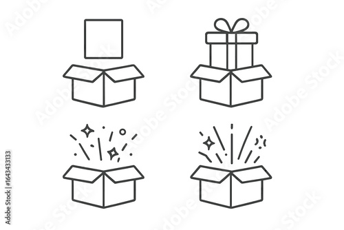 Unboxing icons set, surprise reveal box line art, open gift package with sparkles, present and contents, modern minimal vector, online shopping, delivery, celebration concept, isolated illustration
