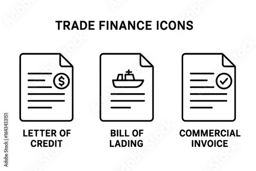 Trade finance outline icons. Vector symbols for international trade documentation. Letter of credit, bill of lading, commercial invoice. Business, logistics and payment concepts.