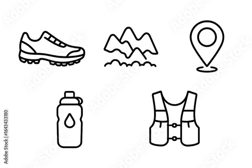 Trail running icon set. Outline icons for endurance, sport, and adventure. Includes trail shoe, rugged mountain terrain, map pin, water pack, and hydration vest.