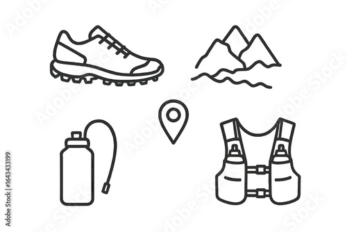 Trail running line icon set. Essential gear for ultra marathon and endurance sport. Includes running shoe, mountain, map pin, hydration pack and vest. Vector symbols.