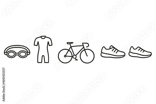Triathlon gear icons set with outlined swim goggles, wetsuit, road bike, cycling shoes, and running shoes; vector illustration for triathlon preparation and multisport training equipment