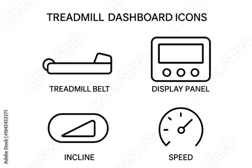 Treadmill dashboard icons set. Outline symbols for workout and fitness. Vector pictograms of running machine elements: belt, display panel, incline, and speed control sign.