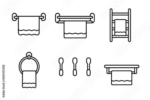 Towel Rack Icons Set, Outline Vector Illustration of Bathroom Towel Holders Including Single Bar, Double Bar, Ladder, Ring, Hook and Shelf Rack Types on Transparent Background