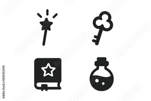 Magic fantasy icons set. Solid vector illustration of fairy wand, enchanted key, spellbook with star, magic potion bottle. Magical tools, witchcraft objects, fairytale symbols, enchanted accessories.