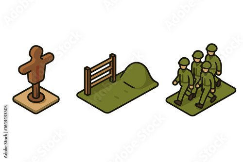 Troop training isometric icons. Military drill vector set. Soldier marching squad, army obstacle course, and practice dummy target. Flat illustration for defense concepts.