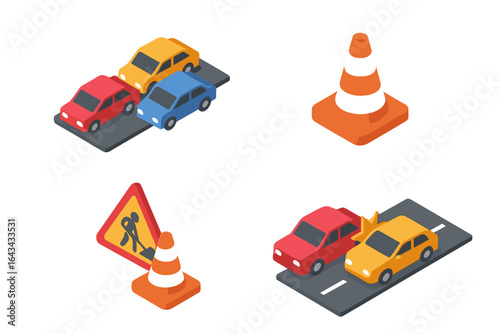 Isometric Traffic Icon Grid Collection. Flat Vector Set of Road Traffic Conditions Including Traffic Jam, Roadworks Cone, Construction Sign, and Car Accident Scene on Transparent Background