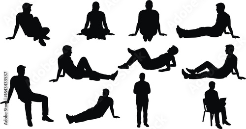 Silhouette men sitting in various poses, casual posture collection, black figure design, floor and chair positions, vector isolated illustration set