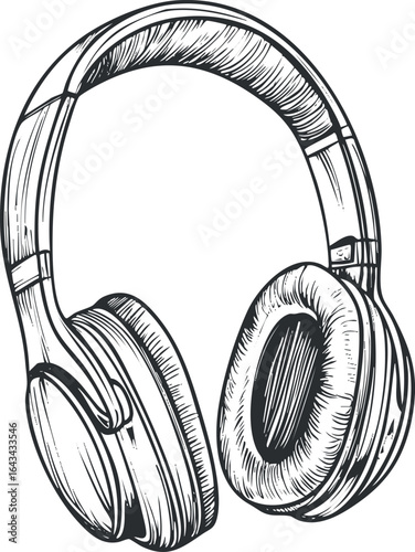 Black and white hand-drawn illustration of modern wireless headphones for music listening
