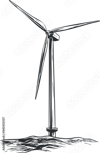 Black and white sketch illustration of a wind turbine generating renewable energy on a landscape