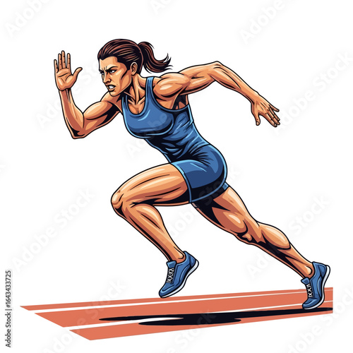 Vector art of a female athlete in a blue athletic outfit sprinting on a track, isolated on white background