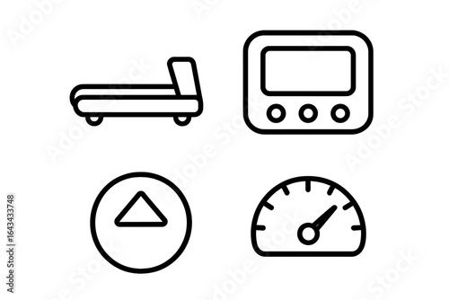 Treadmill Dashboard Icons Outline Set, Treadmill Belt, Display Panel, Incline Button, Speed Meter, Fitness Equipment UI Symbols, Vector Illustration