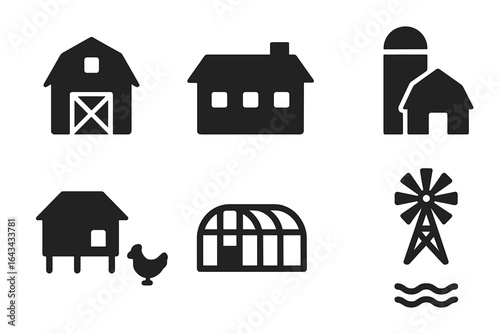 Black solid vector icons set of farm buildings and agricultural infrastructure. Barn, farmhouse, silo, chicken coop, greenhouse, windmill, water. Farming, agriculture, rural life illustration.