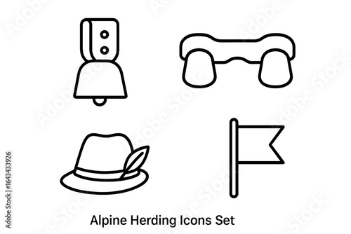 Alpine Herding Traditions Outline Icon Set. Weighted Cowbell, Wooden Ox Yoke, Traditional Herdsman Hat with Feather, Pasture Flag. Rural Mountain Farming, Livestock Management Vector Illustration