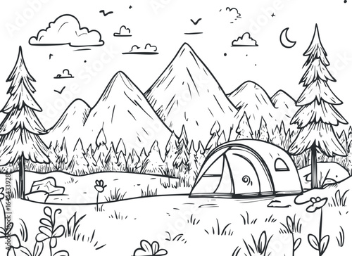 Black and white drawing of a camping tent in a forest clearing with mountains and trees in the background.